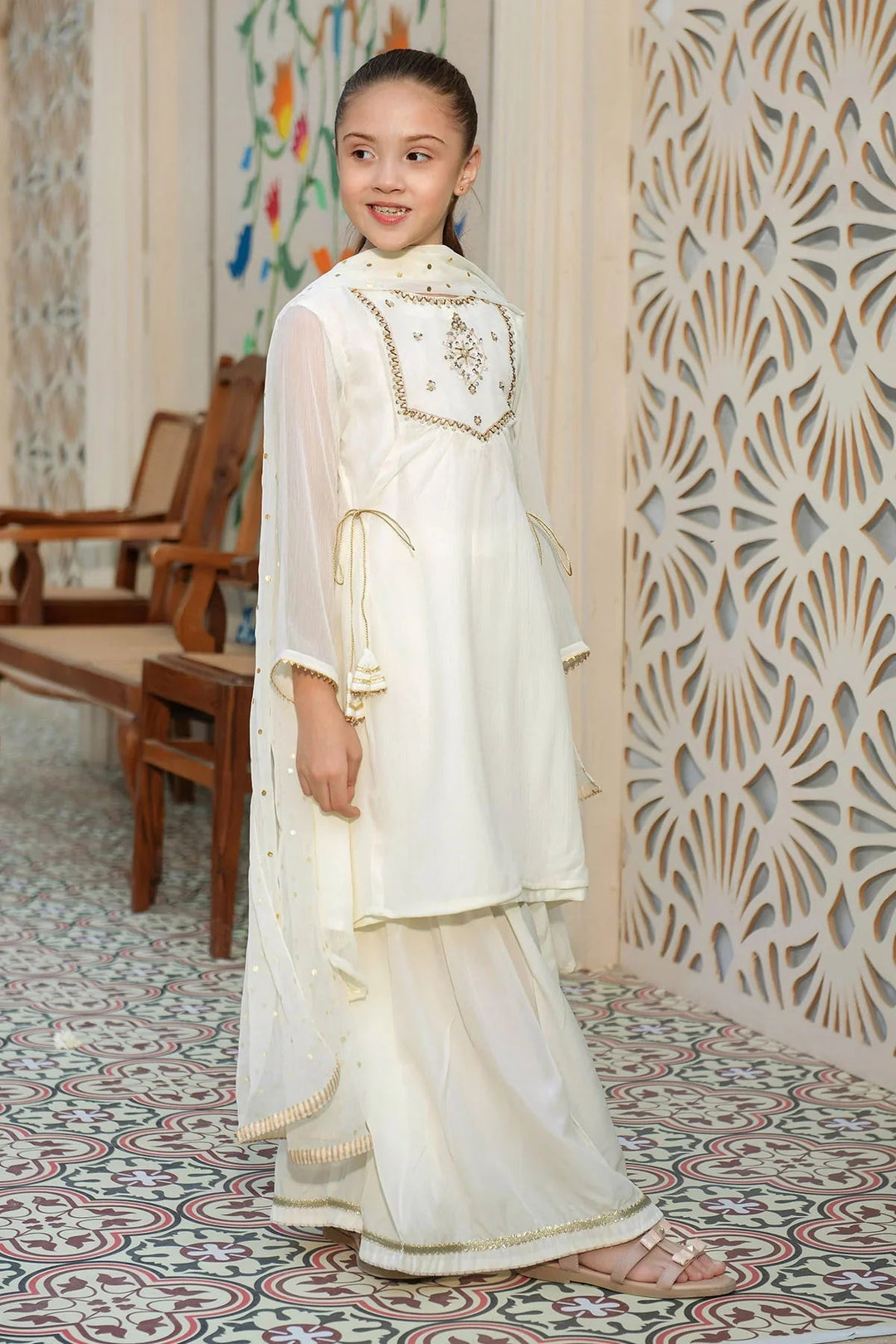 Ochre RTW Embroidered Girls 3 Piece Chiffon Hand Adda Work AC-62 - Summer Collection