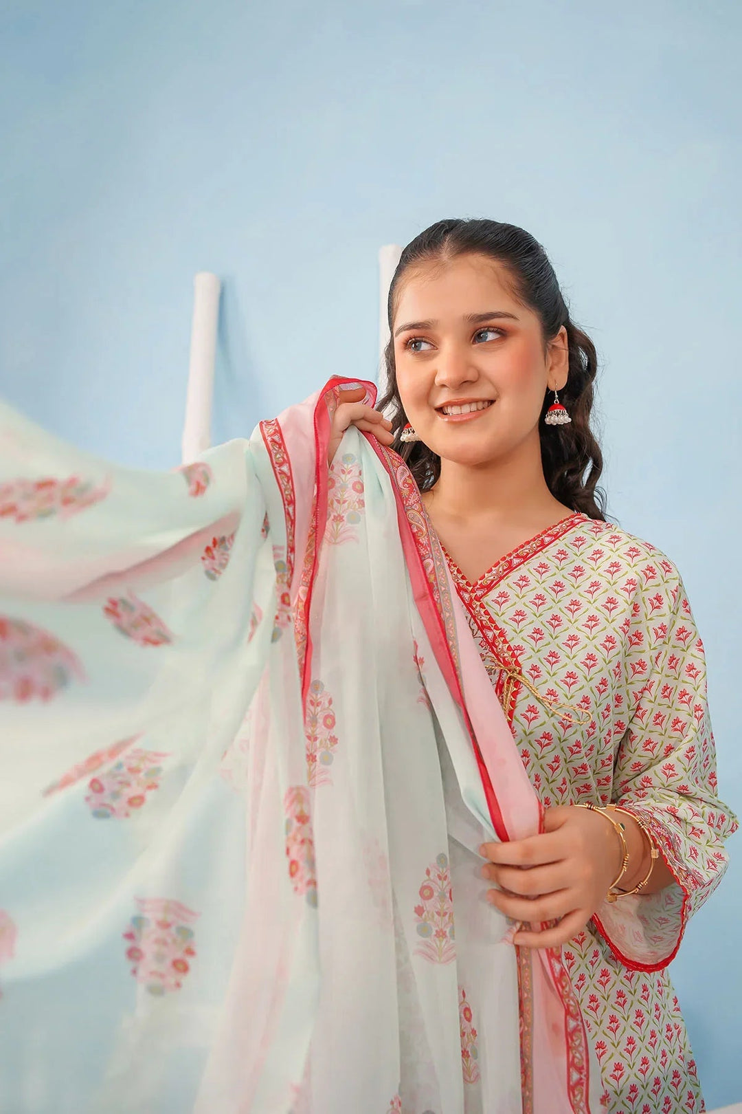 Ochre Girls RTW Poly 3 Piece Suit Mint and Light Pink Poly Lawn Digital Printed Kurta with Tassels - Festive Collection