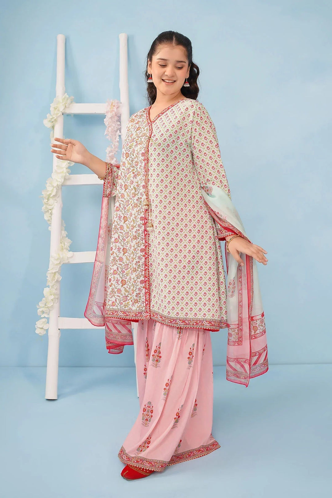 Ochre Girls RTW Poly 3 Piece Suit Mint and Light Pink Poly Lawn Digital Printed Kurta with Tassels - Festive Collection