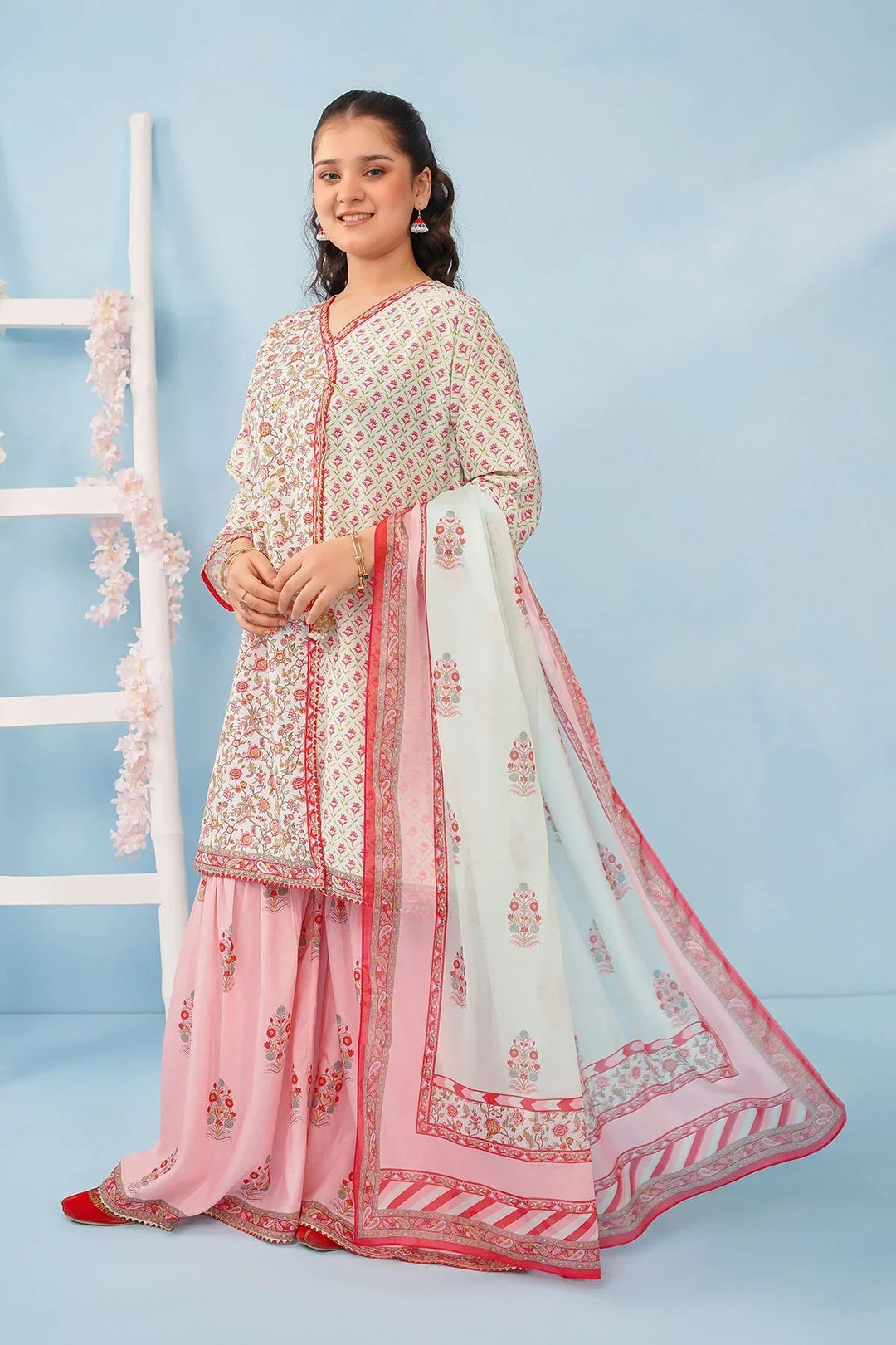 Ochre Girls RTW Poly 3 Piece Suit Mint and Light Pink Poly Lawn Digital Printed Kurta with Tassels - Festive Collection