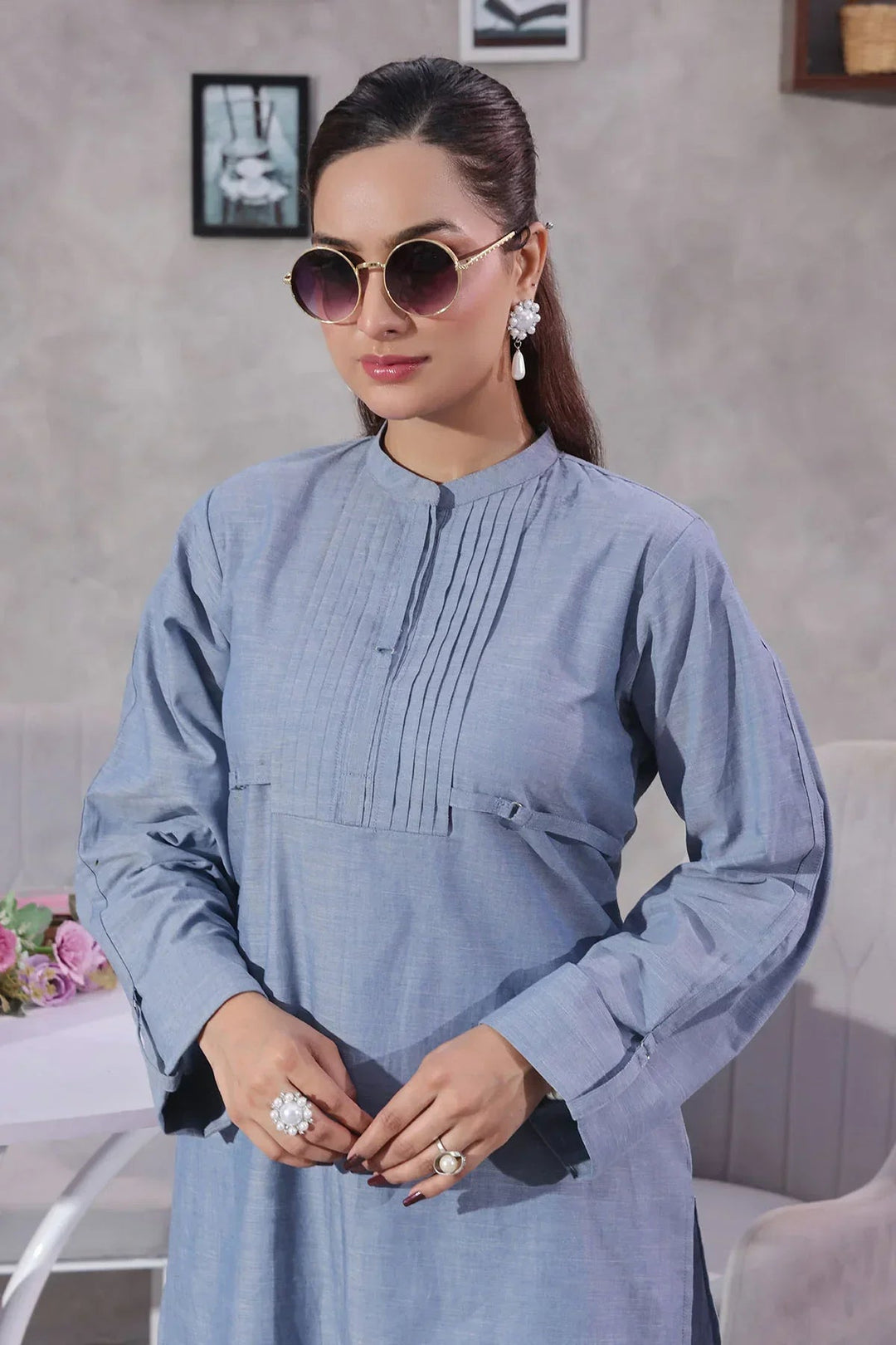 Ochre Women RTW Cotton 2 Piece Suit Blue Chambray Cotton - Festive Collection