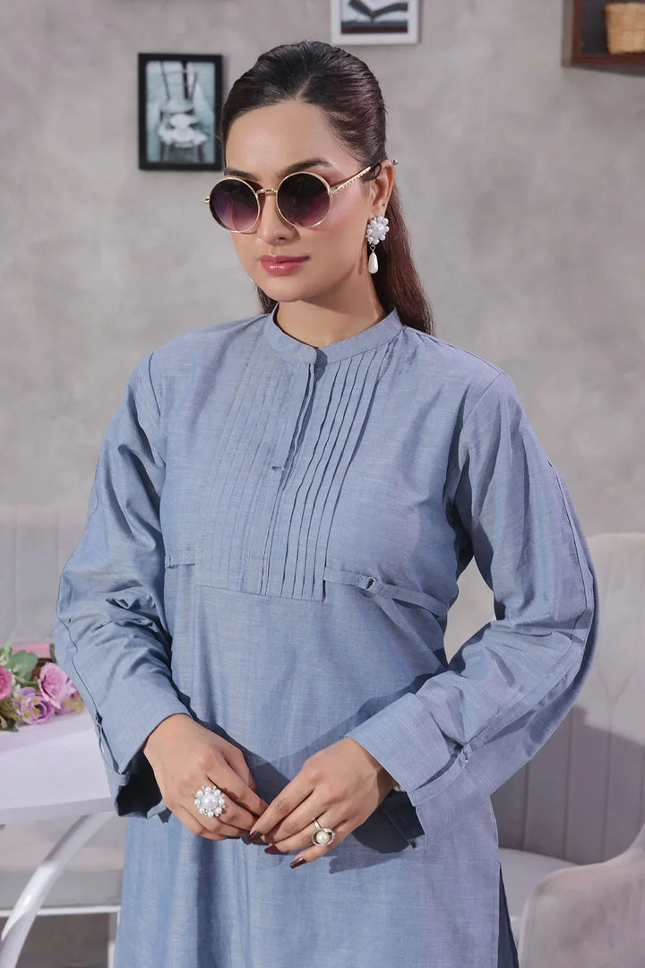 Ochre Women RTW Cotton 2 Piece Suit Blue Chambray Cotton - Festive Collection