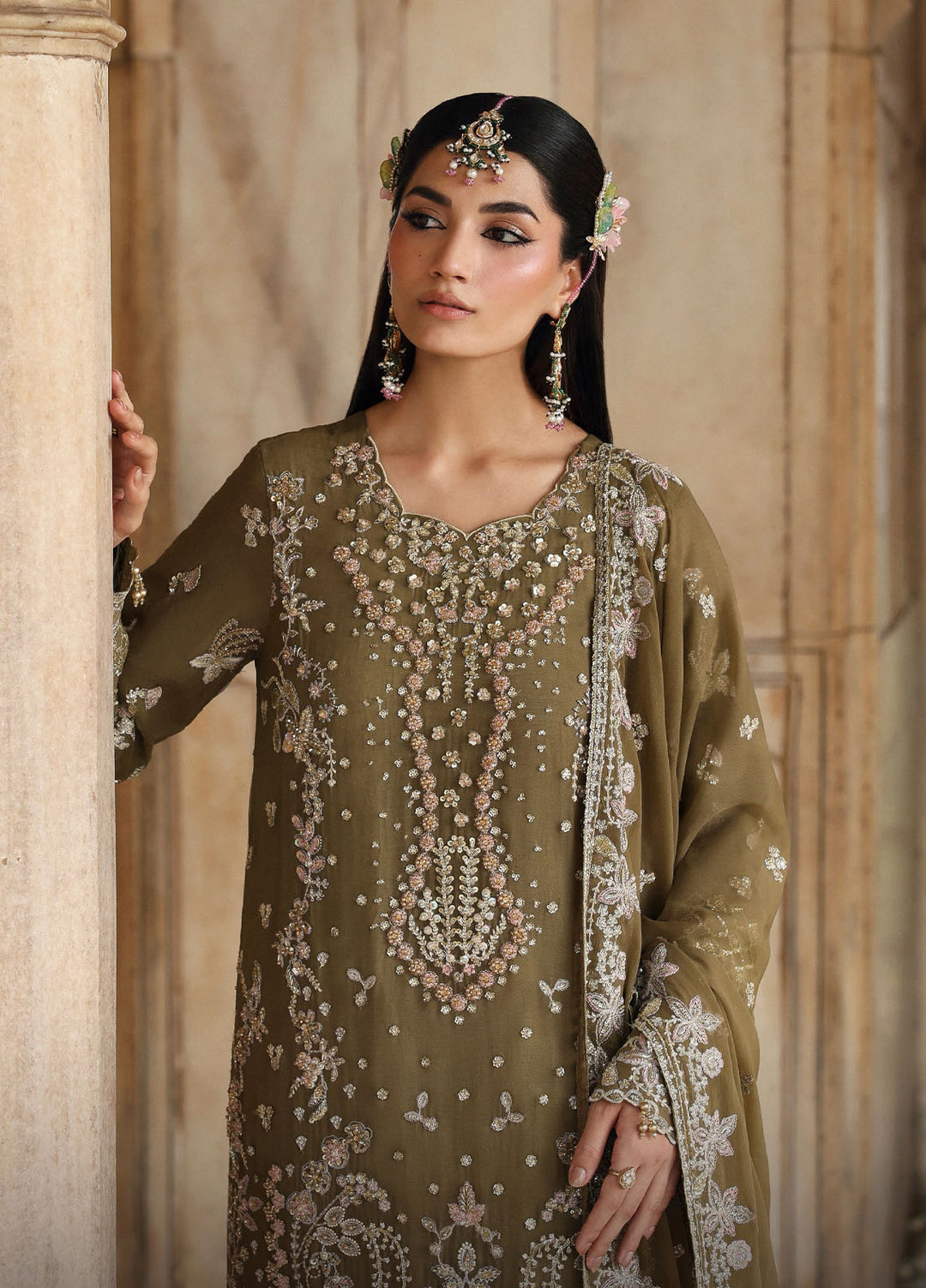 Romansiyyah by Eman Adeel Embroidered Chiffon Suits Unstitched 3 Piece EA25RLF Olivea - Formals Collection