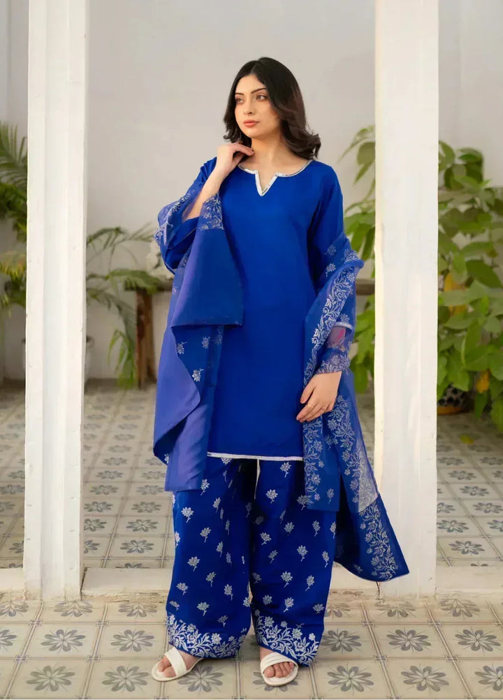 Zauk Women RTW Printed Rawsilk 3 Piece Suit ZK26RC Royal Blue Farshi Shalwar Suit ZAU-RBFSS - Casual Collection