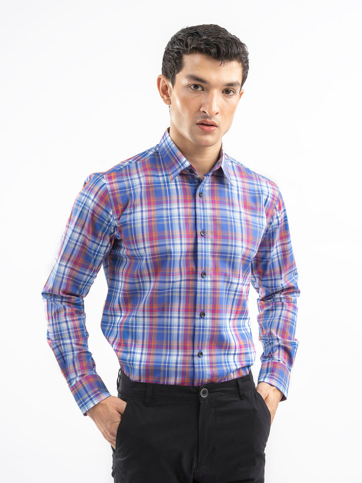 Brumano Ready To Wear Shirts Men 1 Piece Cotton Royal Blue Checkered Tartan Plaid Shirt 0-31-025-4547 - Summer Collection