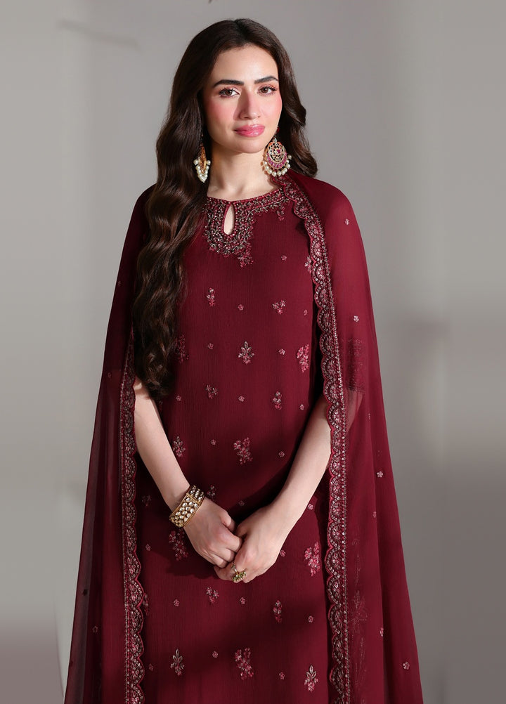 Ensembles by Azure Unstitched Embroidered Chiffon 3 Piece Suit AZ26UEF Ruby Rogue - Festive Collection