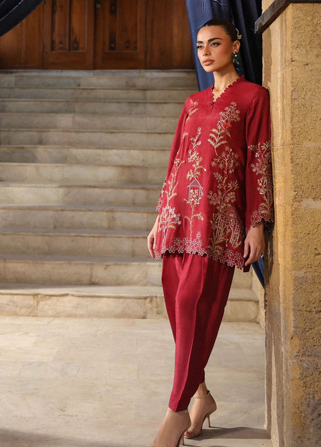 Luxe by Sahar Pret Embroidered Raw Silk 2 Piece Ruby Radiance
