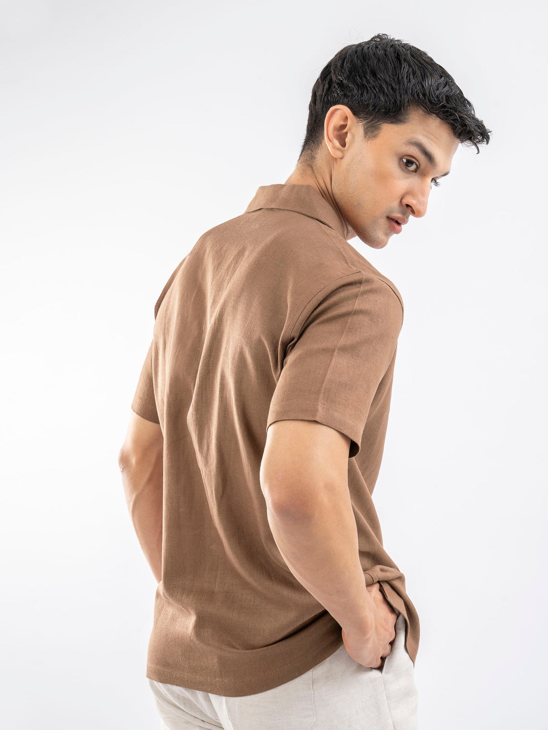 Brumano Ready To Wear Shirts Men 1 Piece Cotton Rusty Brown Linen Blended Half Sleeve Cuban Collar Shirt 0-33-025-4251 - Summer Collection