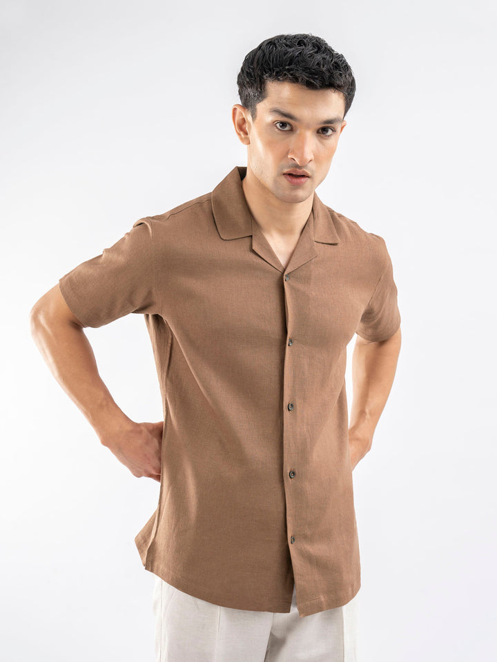 Brumano Ready To Wear Shirts Men 1 Piece Cotton Rusty Brown Linen Blended Half Sleeve Cuban Collar Shirt 0-33-025-4251 - Summer Collection
