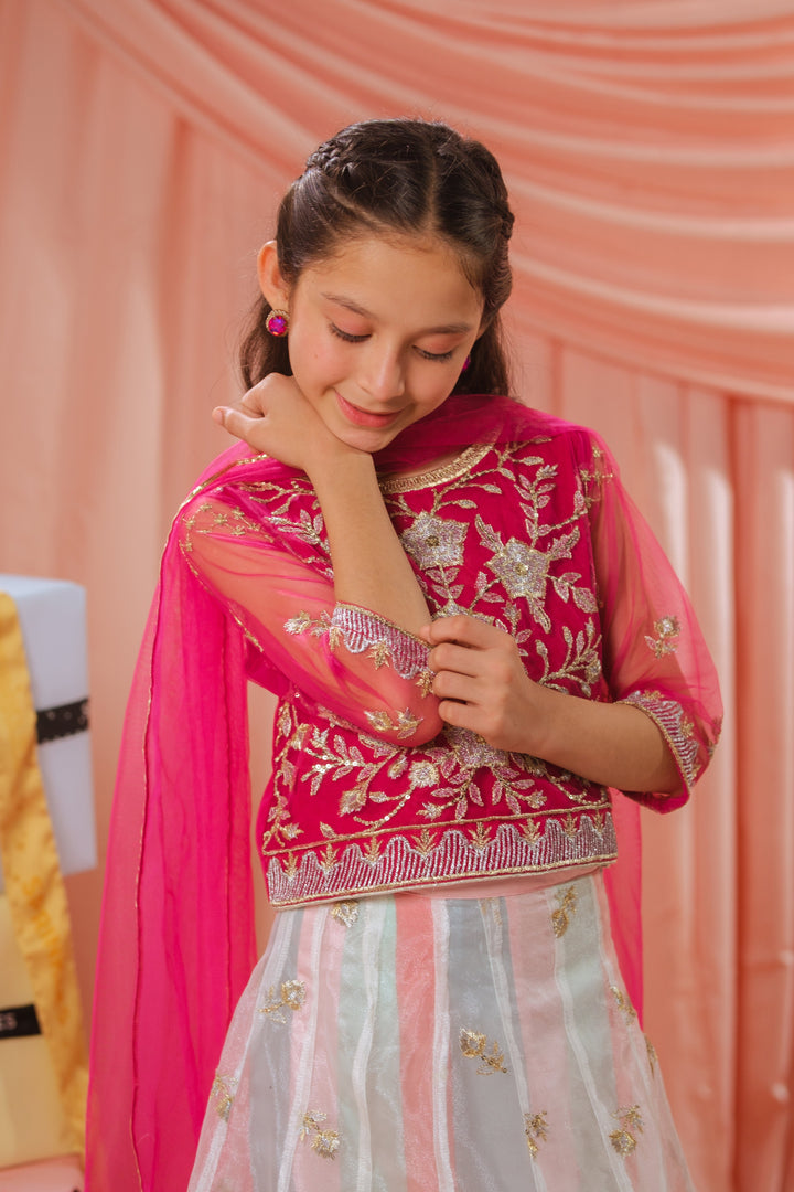 Sprinkles Girls RTW Embroidered Net 3 Piece Suit Pink Stardust Festive Collection