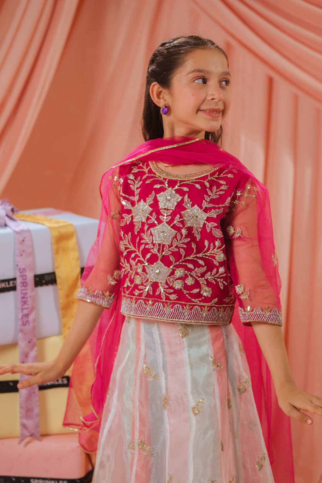 Sprinkles Girls RTW Embroidered Net 3 Piece Suit Pink Stardust Festive Collection