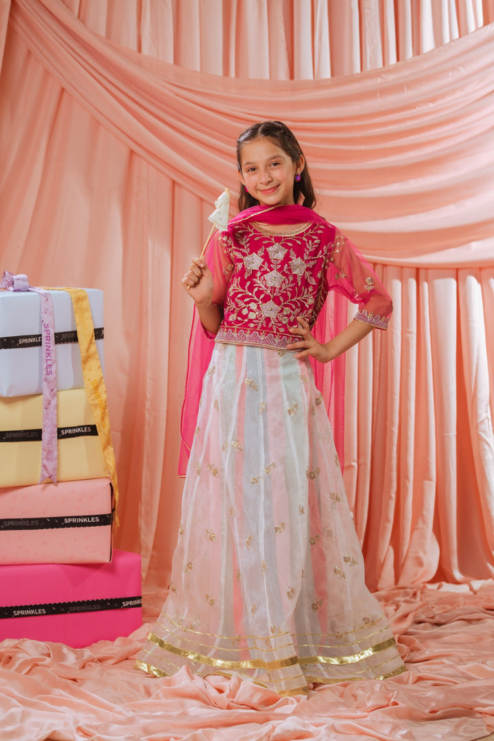 Sprinkles Girls RTW Embroidered Net 3 Piece Suit Pink Stardust Festive Collection