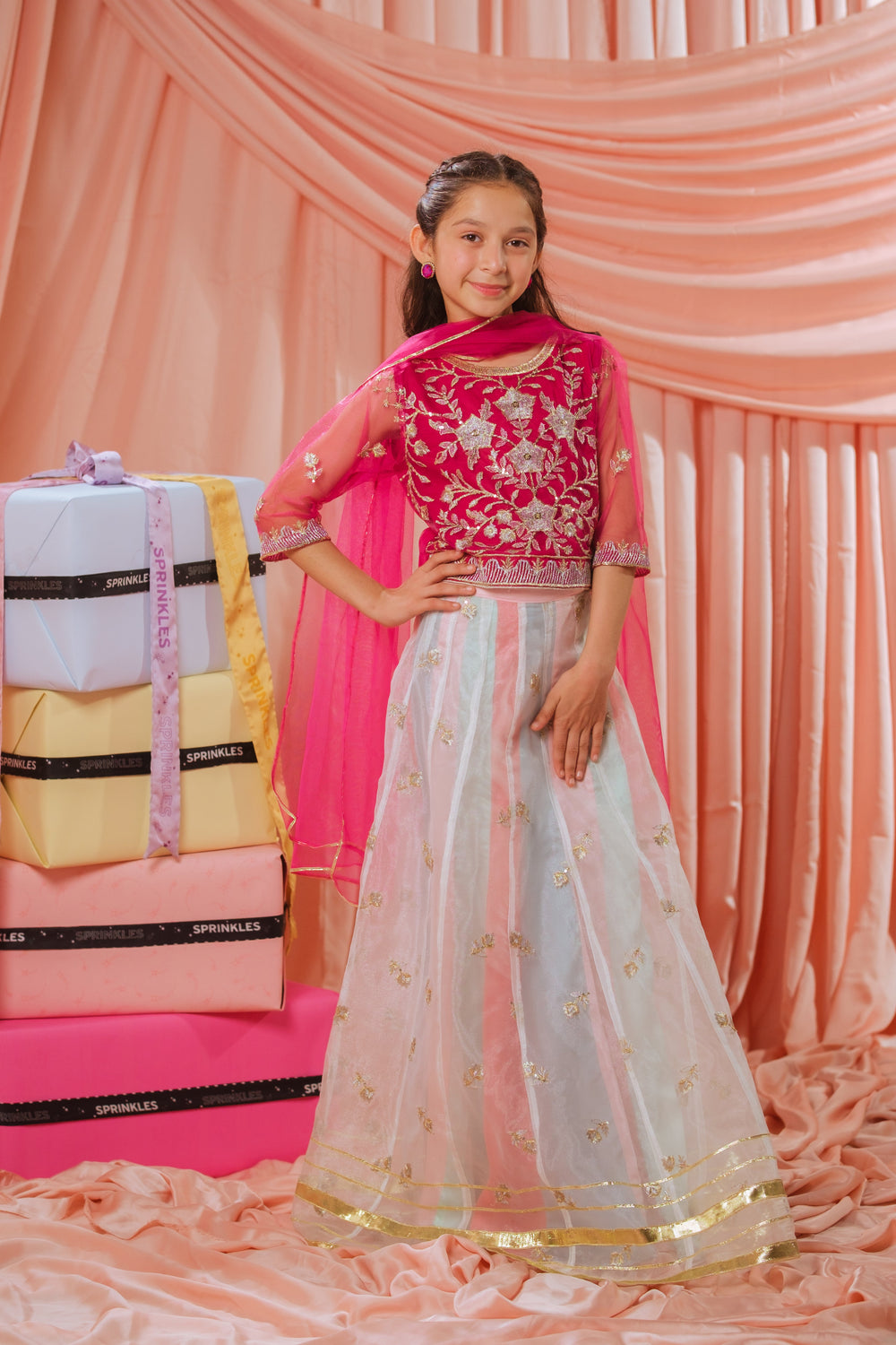 Sprinkles Girls RTW Embroidered Net 3 Piece Suit Pink Stardust Festive Collection