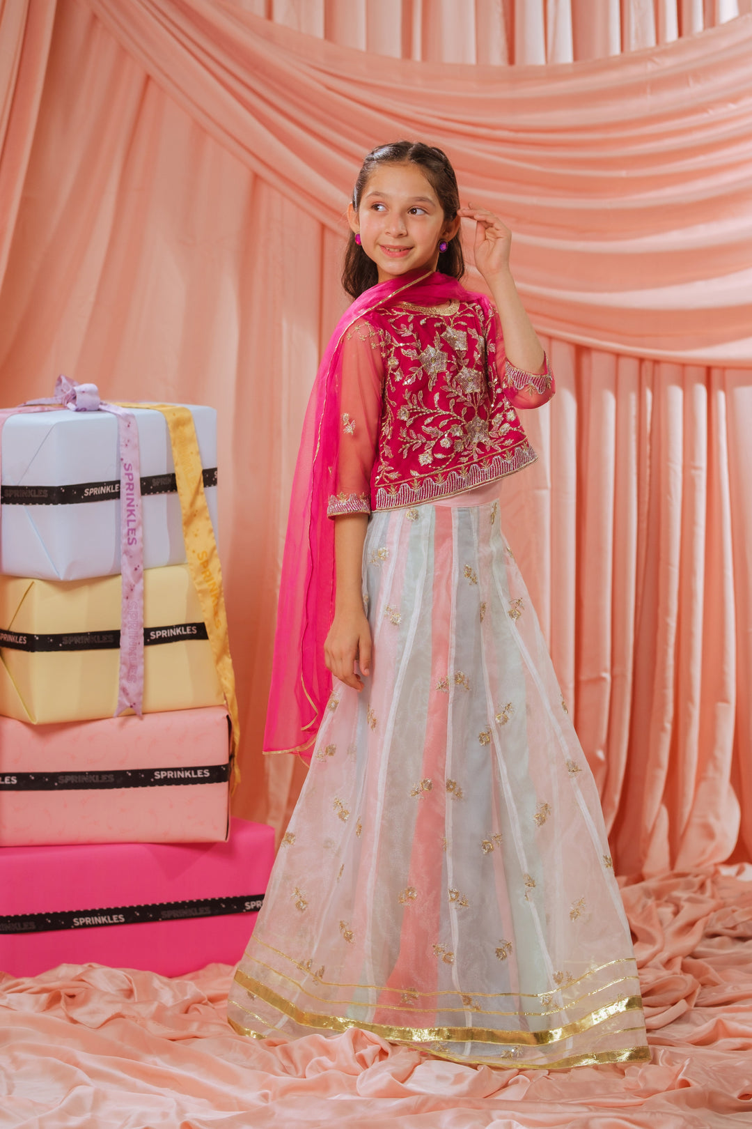 Sprinkles Girls RTW Embroidered Net 3 Piece Suit Pink Stardust Festive Collection