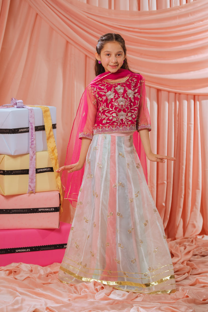Sprinkles Girls RTW Embroidered Net 3 Piece Suit Pink Stardust Festive Collection