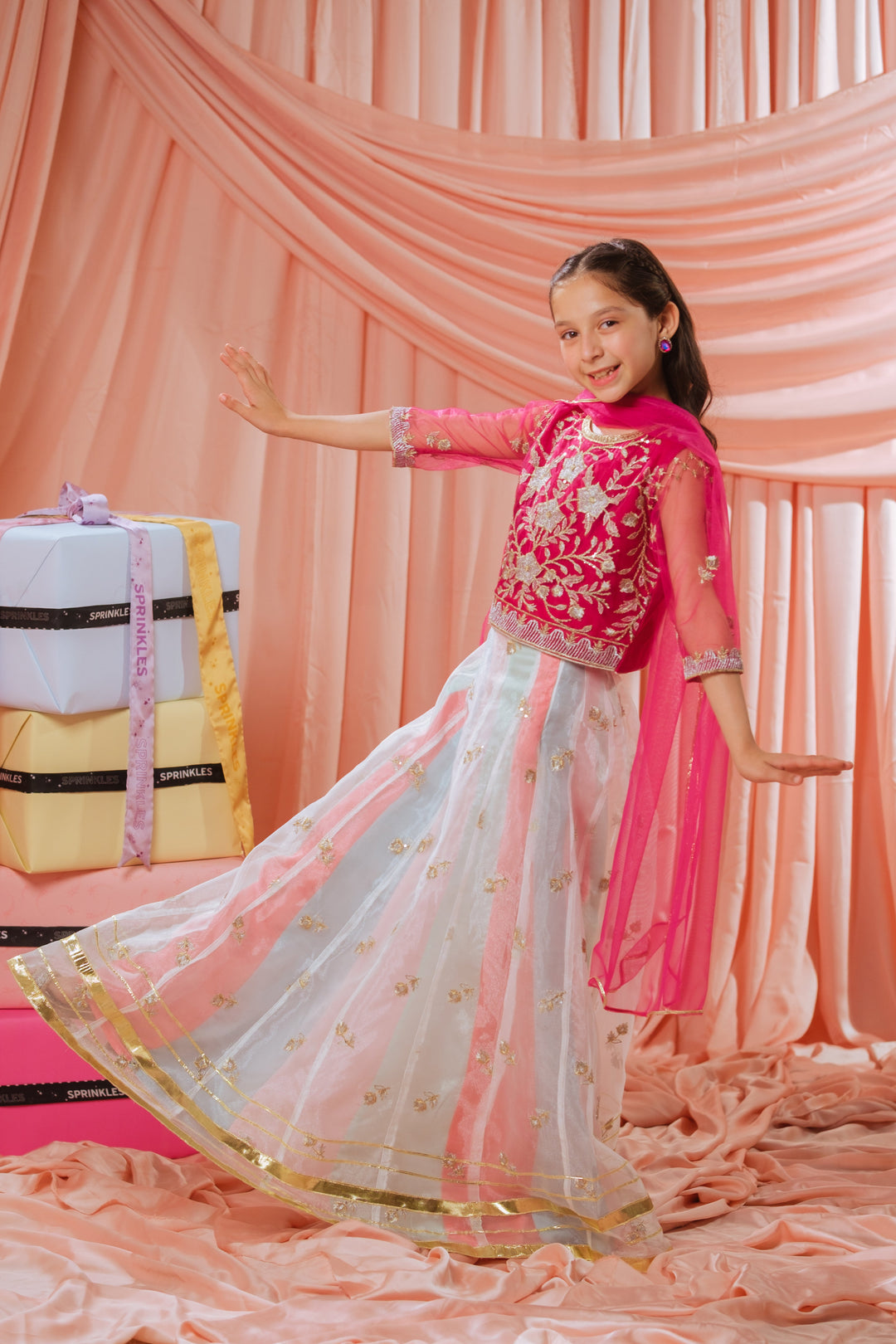 Sprinkles Girls RTW Embroidered Net 3 Piece Suit Pink Stardust Festive Collection