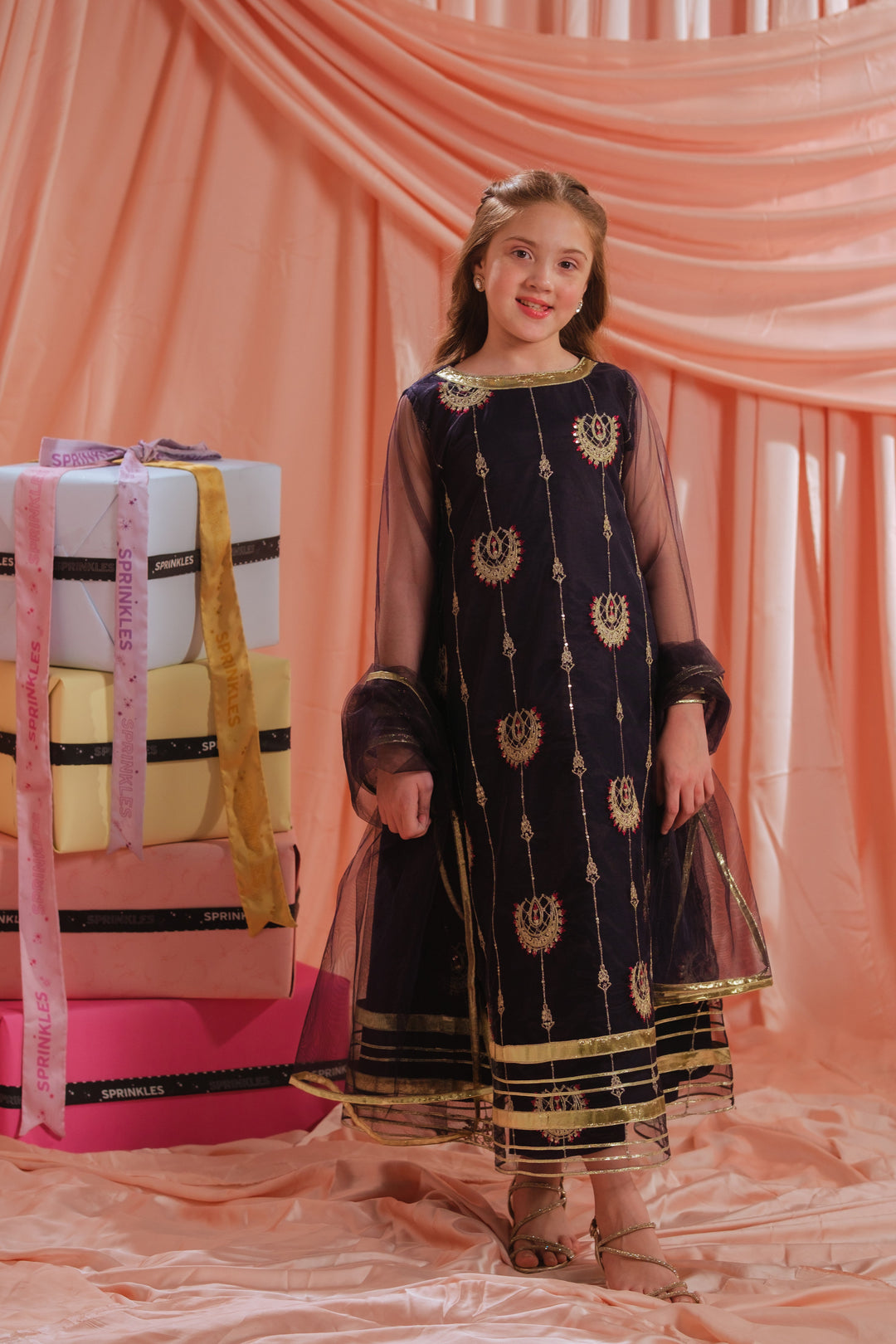 Sprinkles Girls RTW Embroidered Net 3 Piece Suit Royal Ember Festive Collection