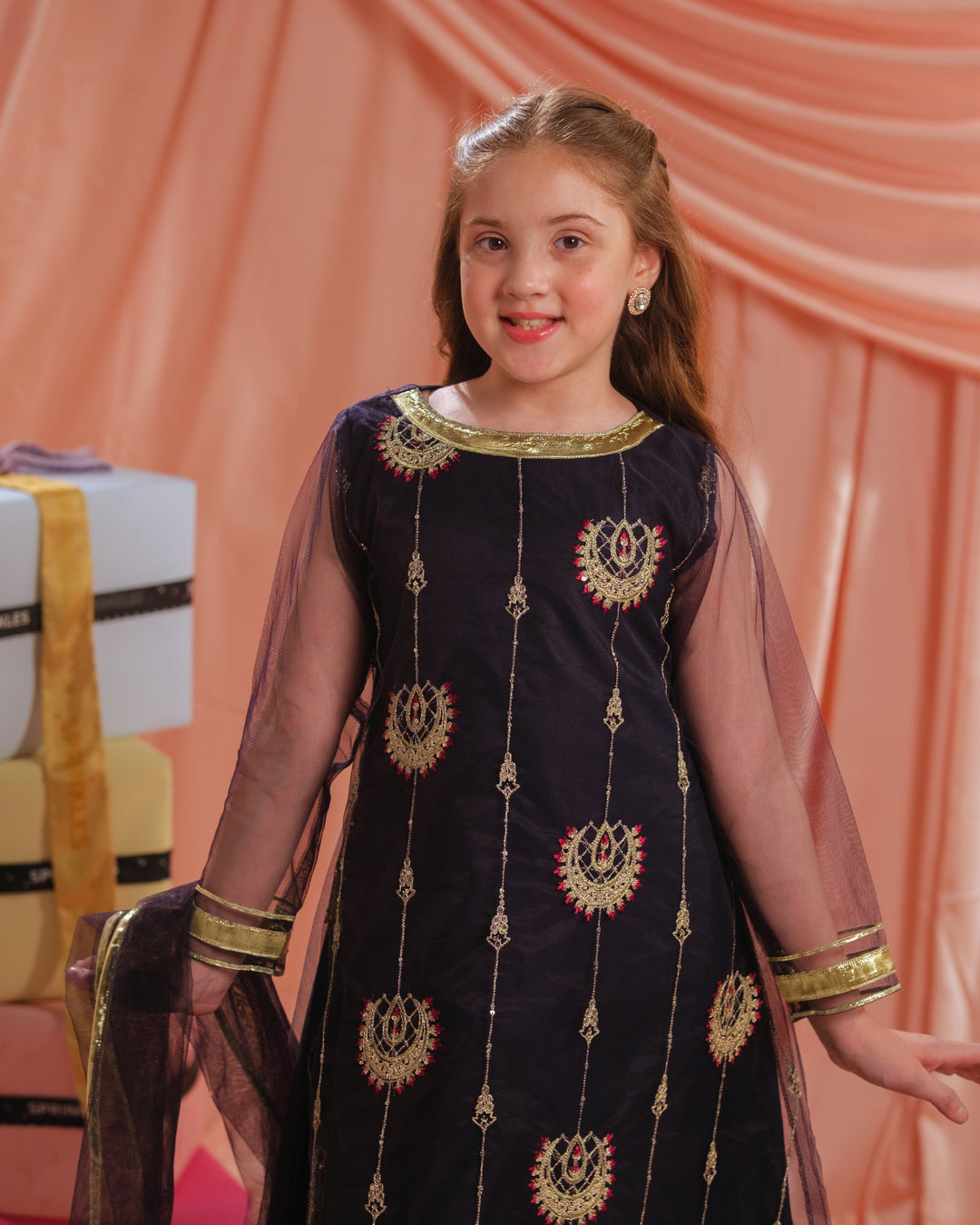 Sprinkles Girls RTW Embroidered Net 3 Piece Suit Royal Ember Festive Collection