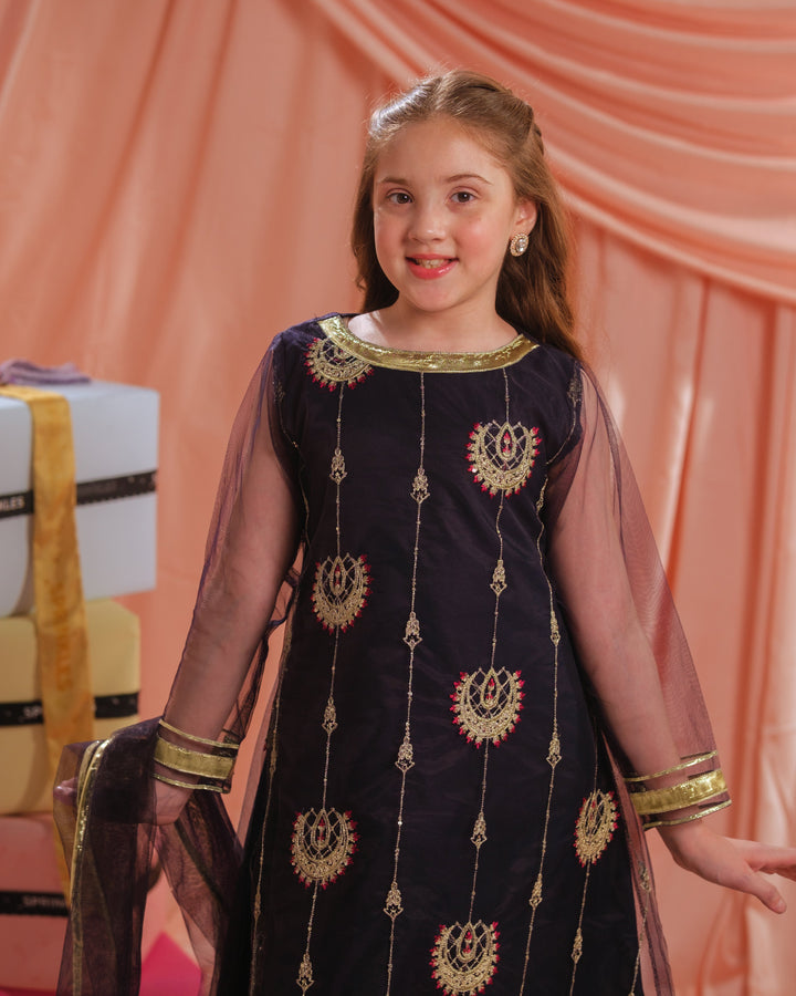 Sprinkles Girls RTW Embroidered Net 3 Piece Suit Royal Ember Festive Collection