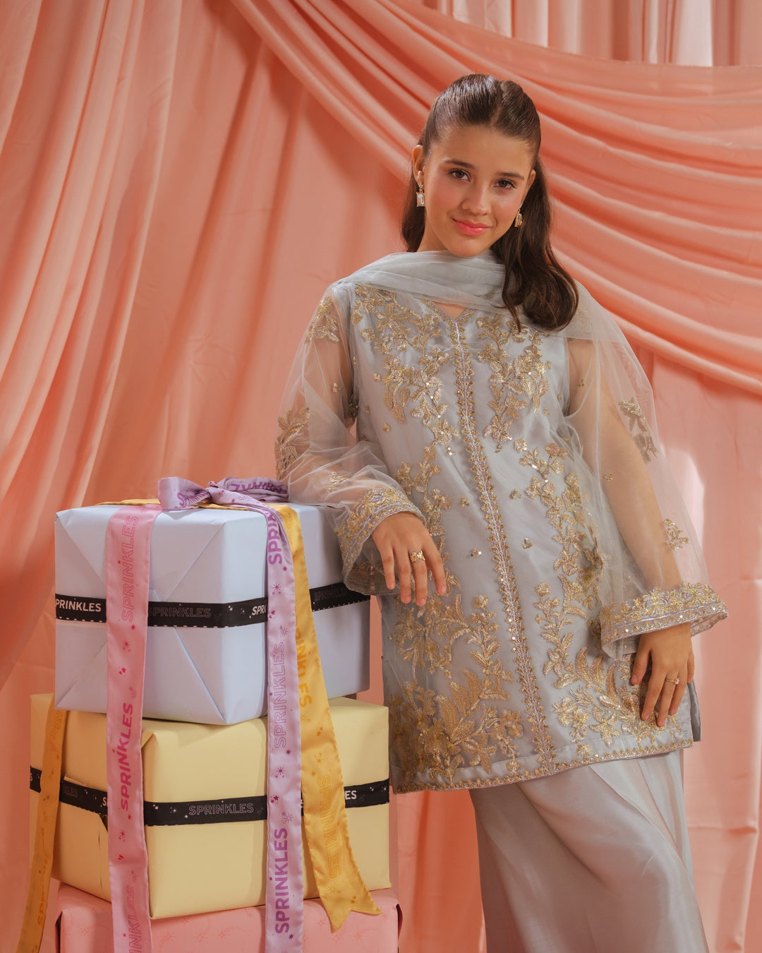 Sprinkles Girls RTW Embroidered Net 3 Piece Suit Golden Mist Festive Collection