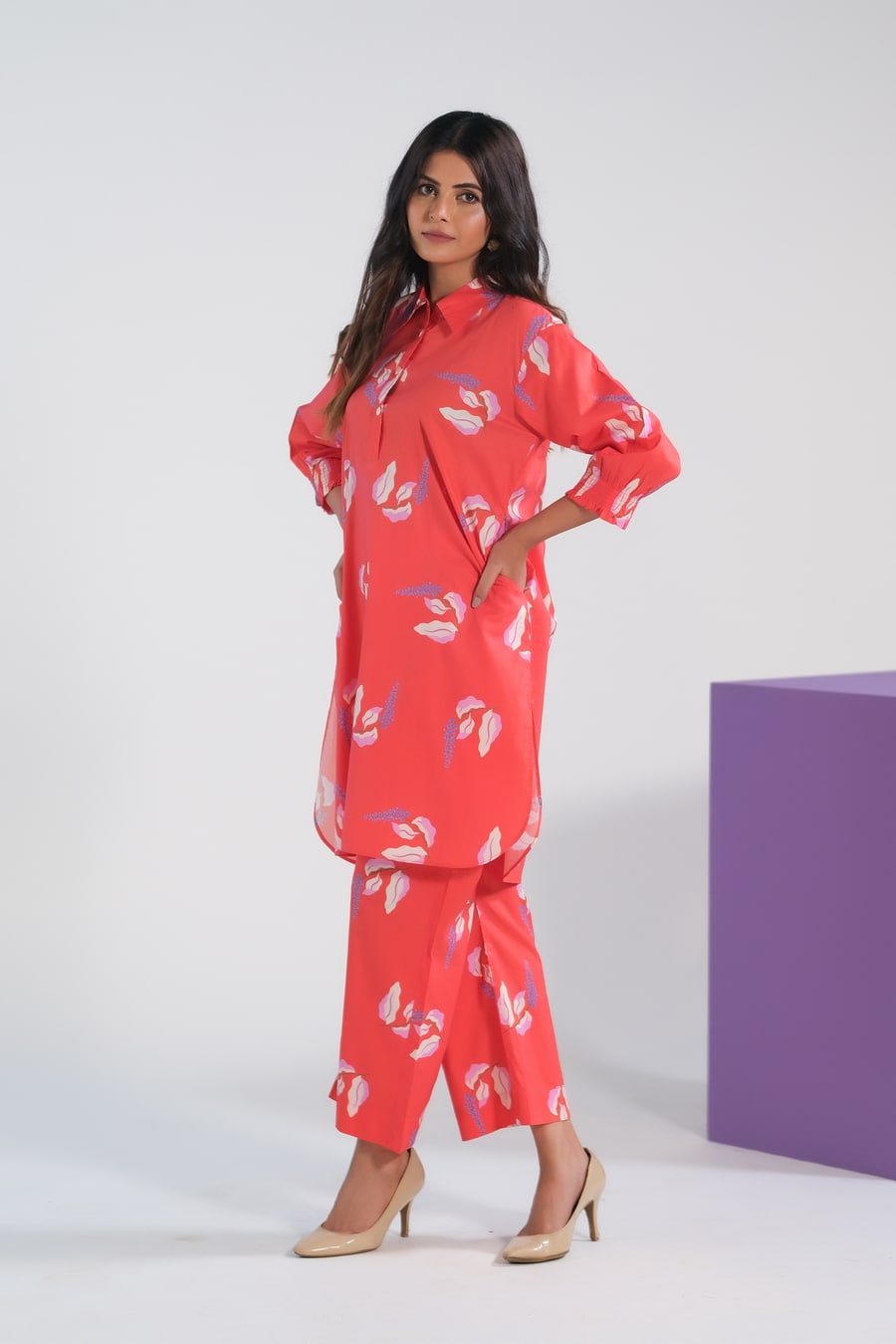 Sprinkles Women RTW Printed Cambric 2 Piece Suit Bean Red Lavender - Casual Collection