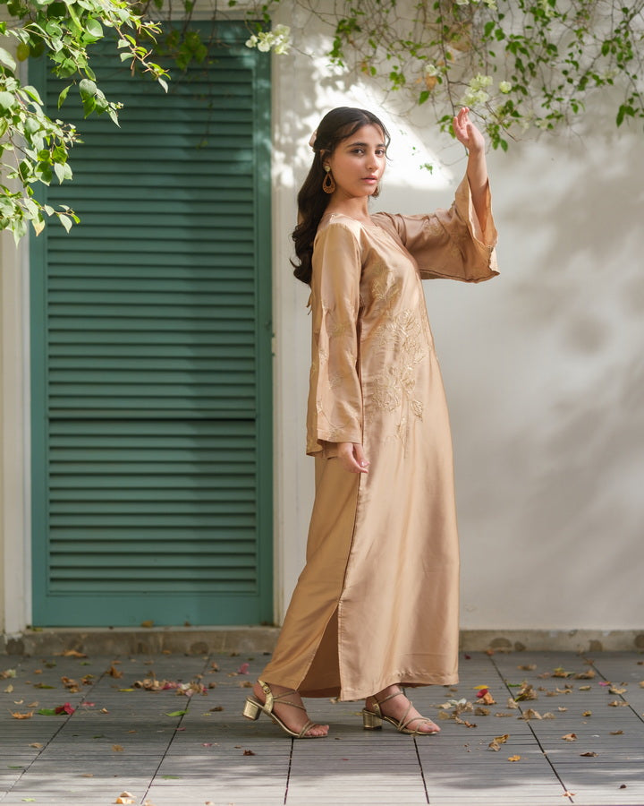 Sprinkles Girls Pret Kaftan Embroidered Charmeuse Silk Sandstone Bloom SPDR924 - Summer Collection