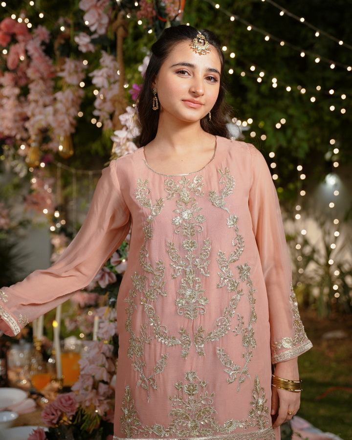 Sprinkles Girls Pret Embroidered Net Sequence Zeenat-e-Peach 3 Piece Suit SPDR929 - Festive Collection