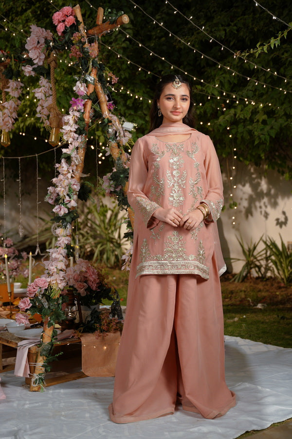 Sprinkles Girls Pret Embroidered Net Sequence Zeenat-e-Peach 3 Piece Suit SPDR929 - Festive Collection