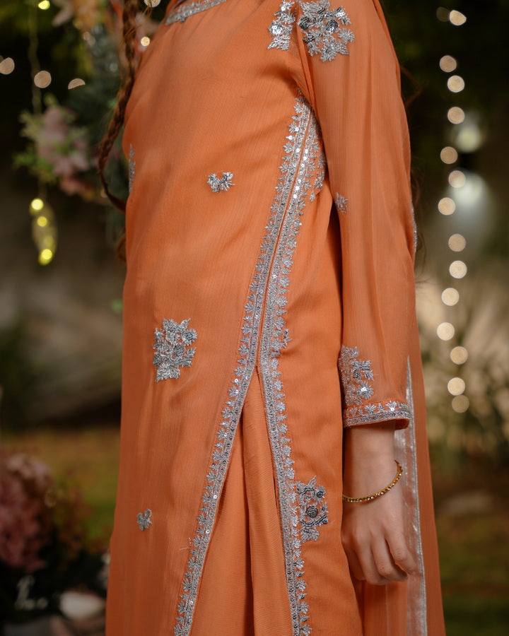 Sprinkles Girls Pret Embroidered Net Sequence Kesari Noor 3 Piece Suit SPDR930 - Festive Collection