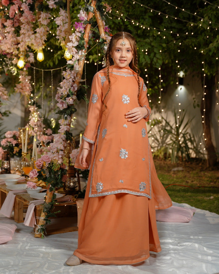 Sprinkles Girls Pret Embroidered Net Sequence Kesari Noor 3 Piece Suit SPDR930 - Festive Collection