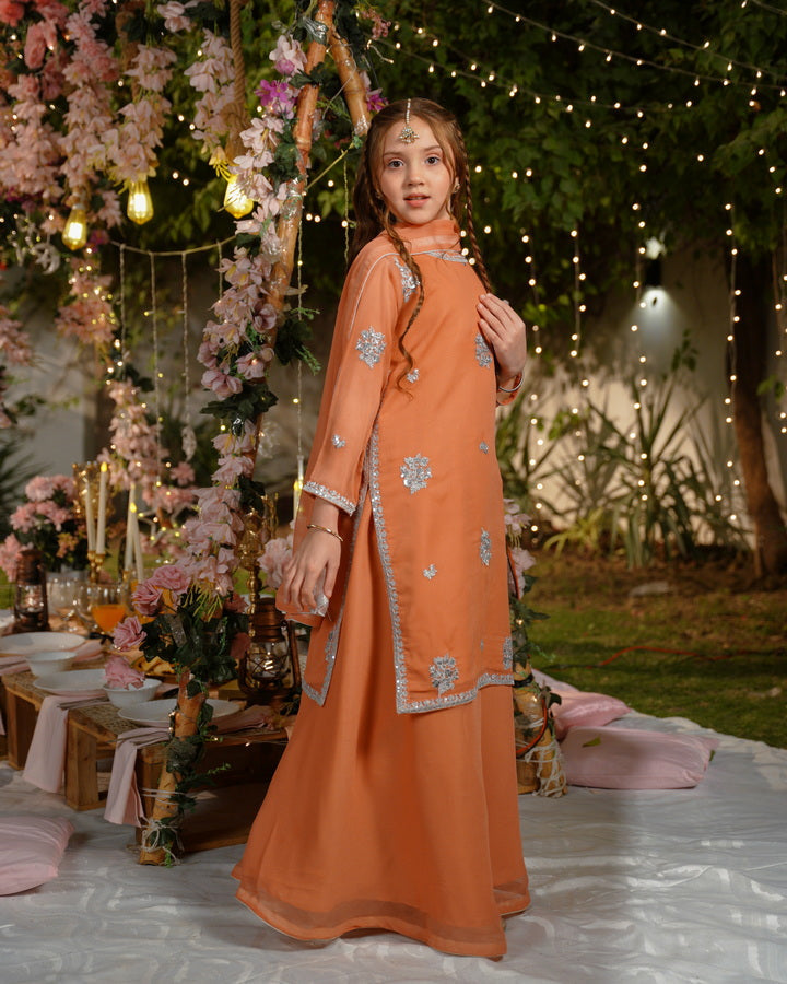 Sprinkles Girls Pret Embroidered Net Sequence Kesari Noor 3 Piece Suit SPDR930 - Festive Collection