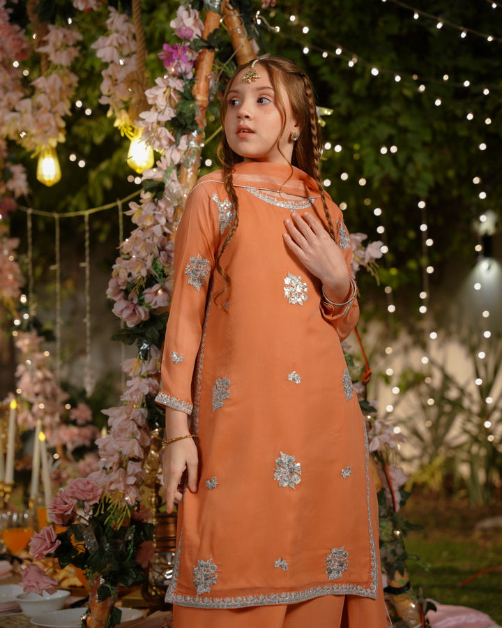 Sprinkles Girls Pret Embroidered Net Sequence Kesari Noor 3 Piece Suit SPDR930 - Festive Collection