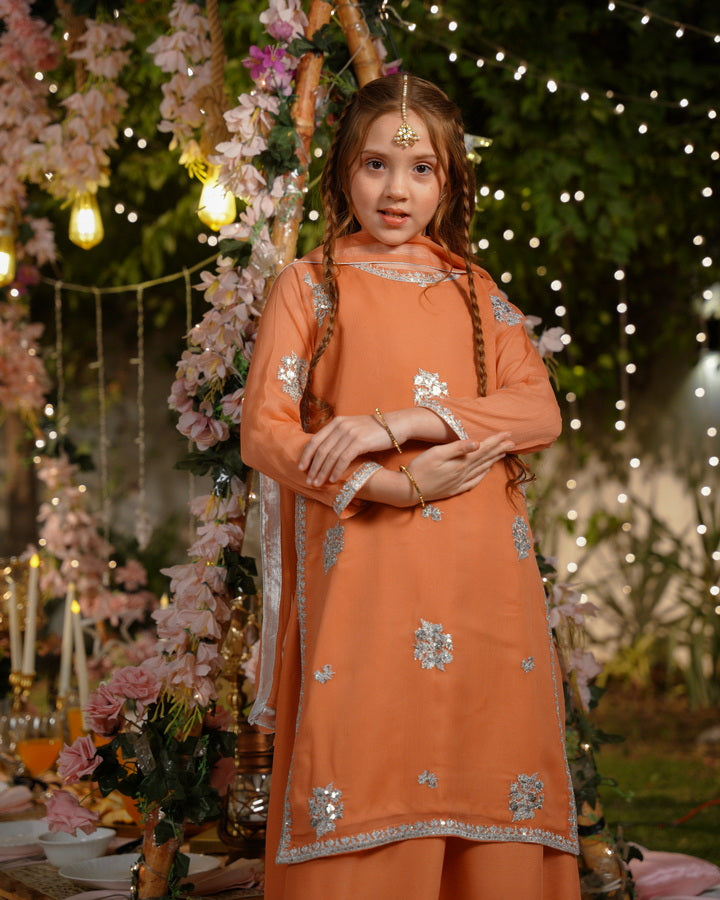 Sprinkles Girls Pret Embroidered Net Sequence Kesari Noor 3 Piece Suit SPDR930 - Festive Collection
