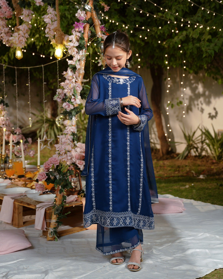 Sprinkles Girls Pret Embroidered Net Sequence Noor-e-Neel 3 Piece Suit SPDR932 - Festive Collection