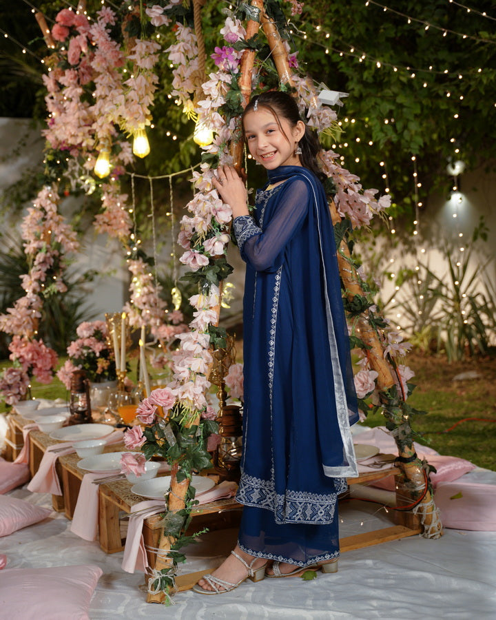 Sprinkles Girls Pret Embroidered Net Sequence Noor-e-Neel 3 Piece Suit SPDR932 - Festive Collection