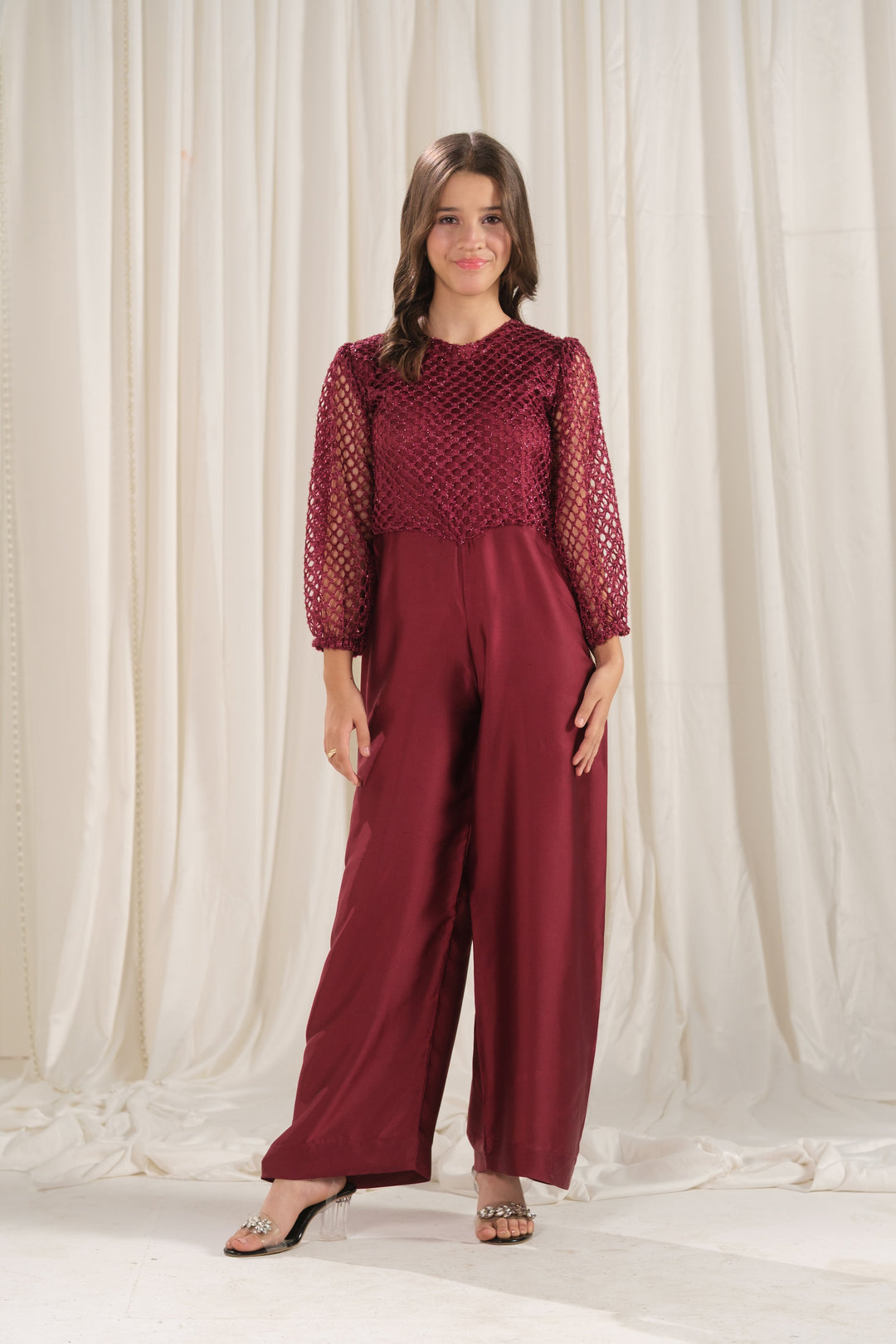 Sprinkles Girls RTW Embroidered Silk 1 Piece Suit Crimson Lattice Festive Collection