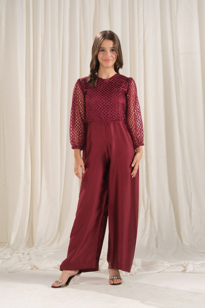 Sprinkles Girls RTW Embroidered Silk 1 Piece Suit Crimson Lattice Festive Collection