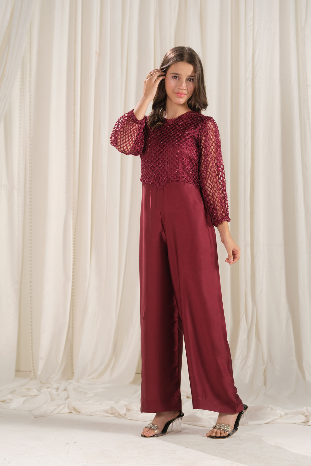 Sprinkles Girls RTW Embroidered Silk 1 Piece Suit Crimson Lattice Festive Collection