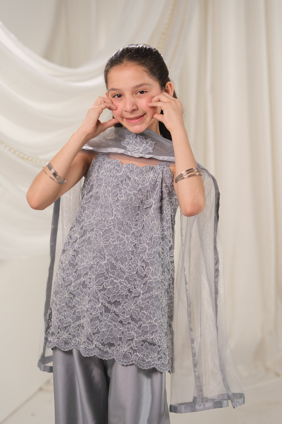 Sprinkles Girls RTW Embroidered Silk 3 Piece Suit Silver Mirage Festive Collection