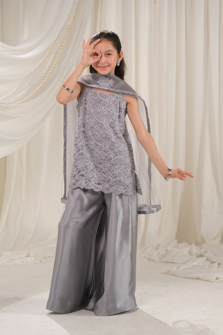 Sprinkles Girls RTW Embroidered Silk 3 Piece Suit Silver Mirage Festive Collection