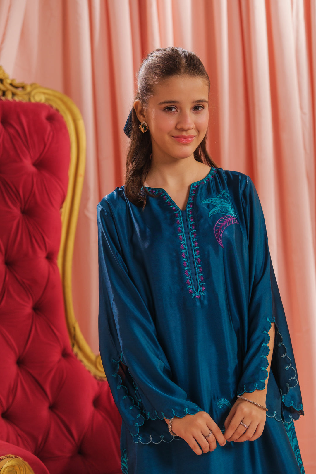 Sprinkles Girls RTW Embroidered Silk 1 Piece Suit Teal Blossom Festive Collection