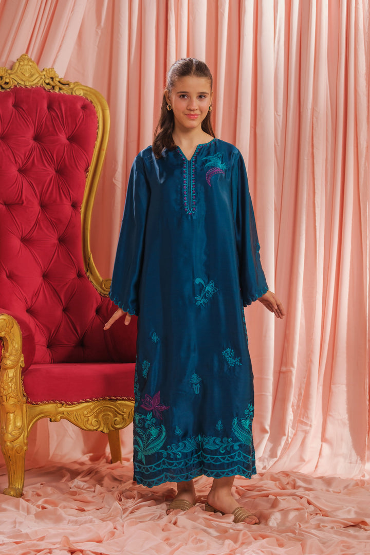 Sprinkles Girls RTW Embroidered Silk 1 Piece Suit Teal Blossom Festive Collection