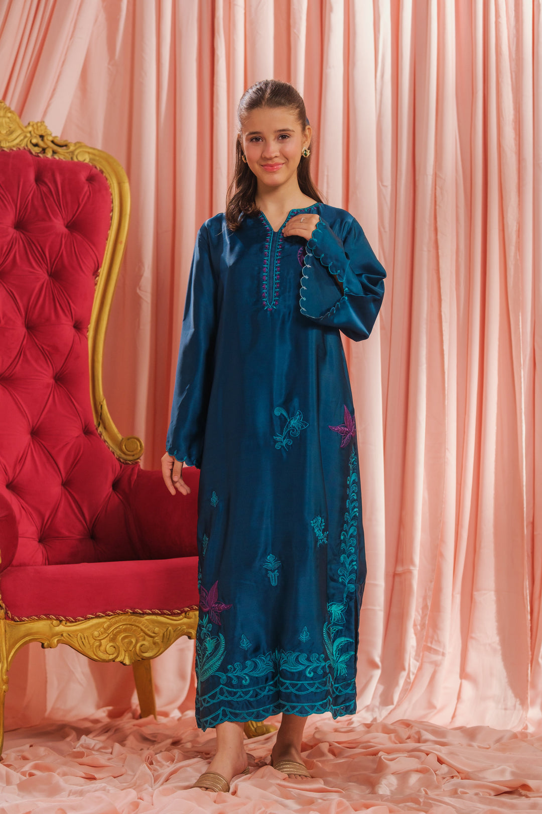 Sprinkles Girls RTW Embroidered Silk 1 Piece Suit Teal Blossom Festive Collection