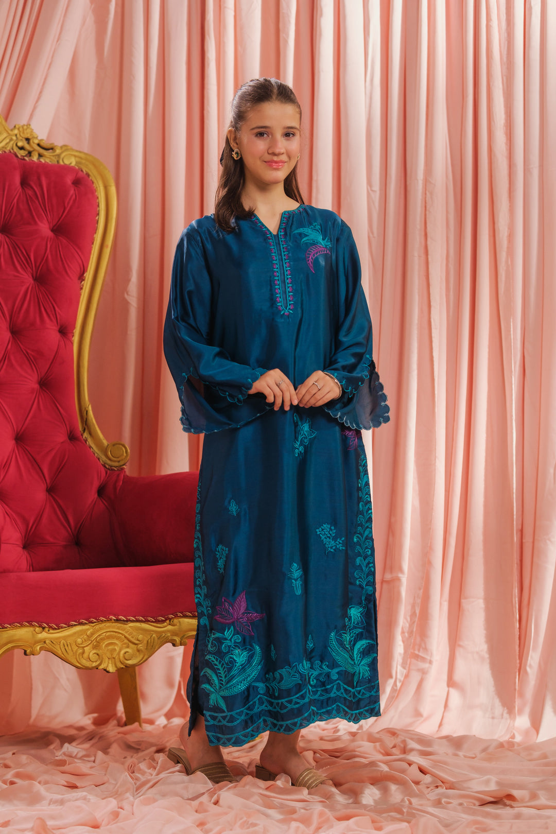 Sprinkles Girls RTW Embroidered Silk 1 Piece Suit Teal Blossom Festive Collection