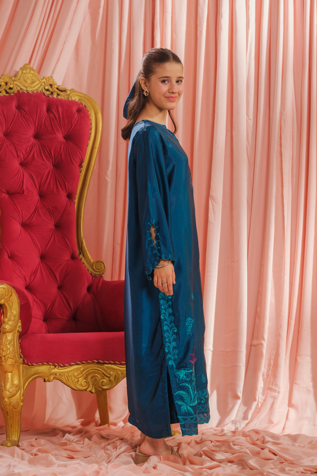 Sprinkles Girls RTW Embroidered Silk 1 Piece Suit Teal Blossom Festive Collection