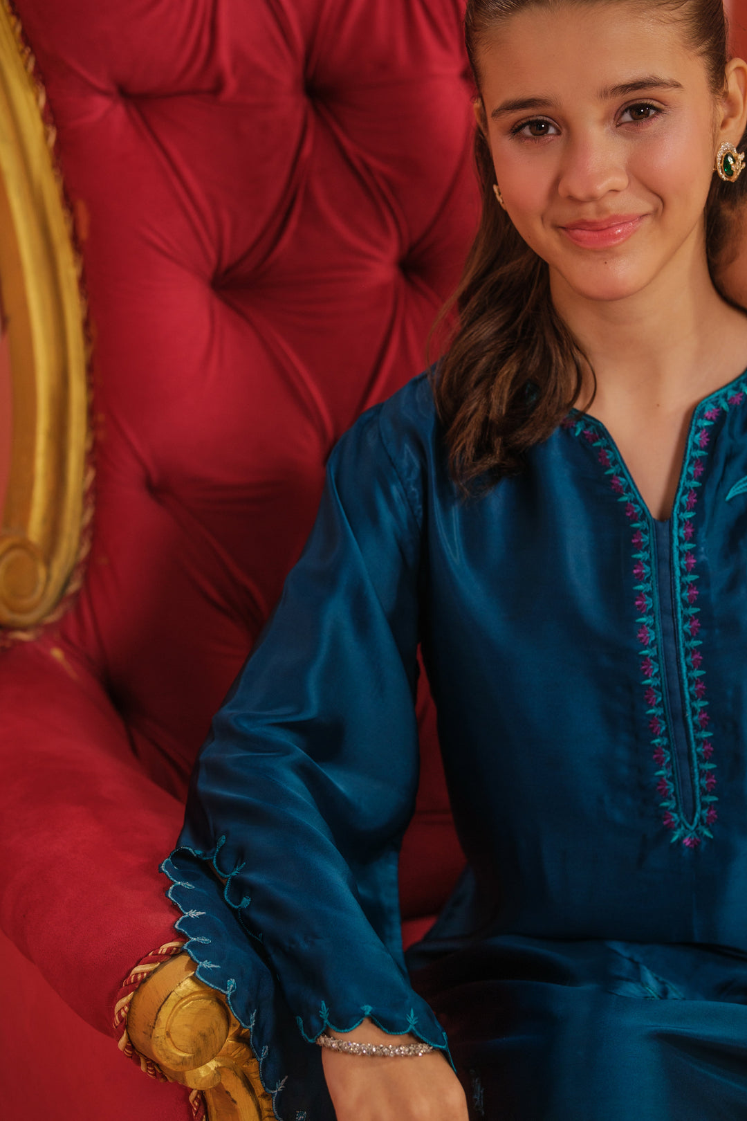 Sprinkles Girls RTW Embroidered Silk 1 Piece Suit Teal Blossom Festive Collection