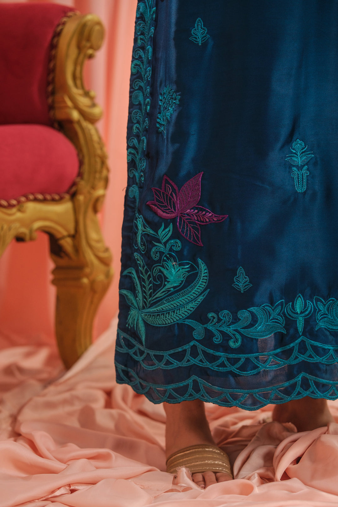 Sprinkles Girls RTW Embroidered Silk 1 Piece Suit Teal Blossom Festive Collection