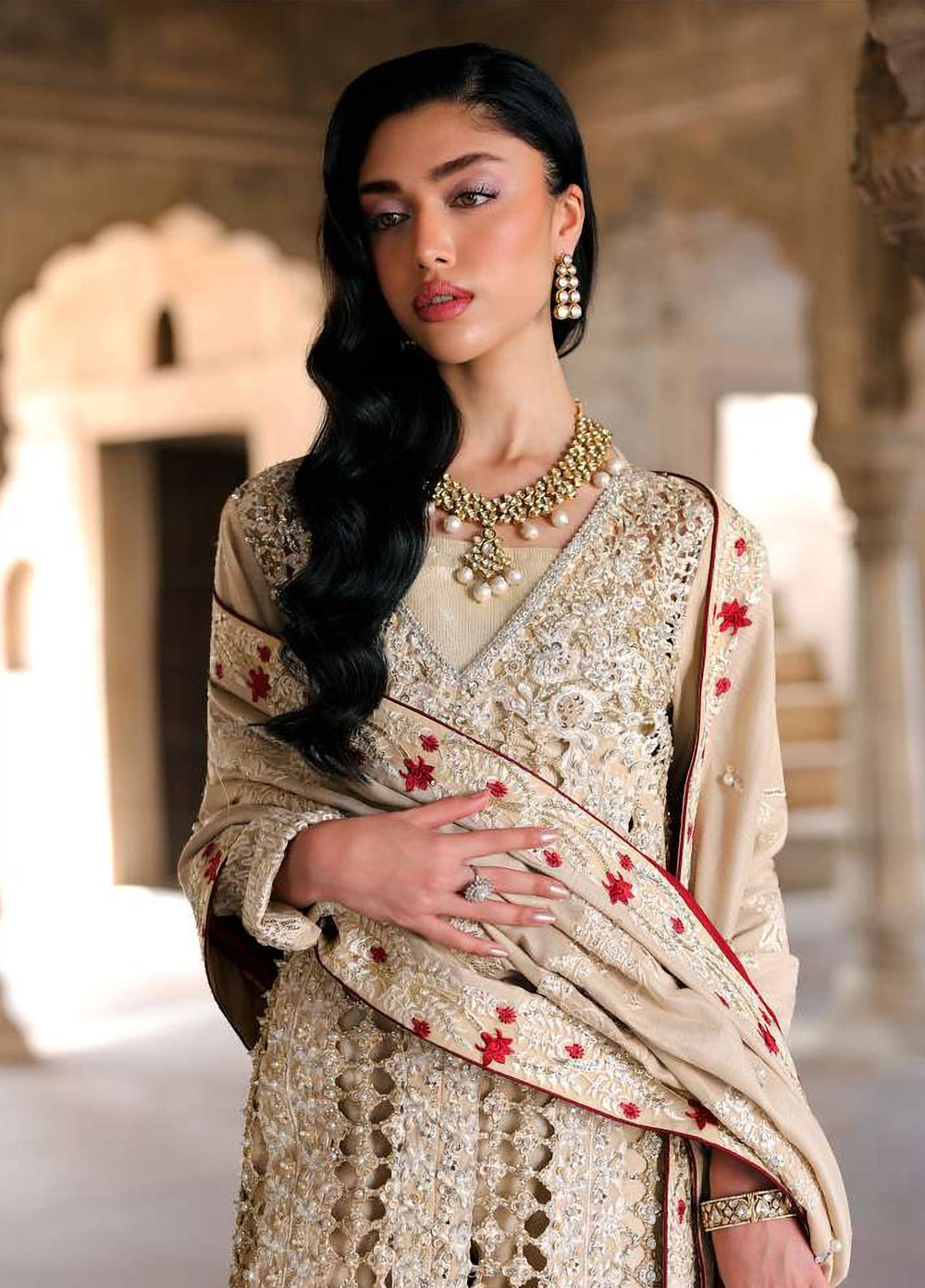 Saira Shakira Unstitched Embroidered Korean Silk 3 Piece Suit SSR26UW Rose - Wedding Collection