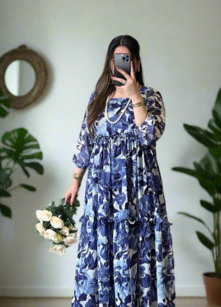 Mataish Women RTW Printed Chiffon Silk 1 Piece Suit Sapphire Petal Frock - Festive Collection