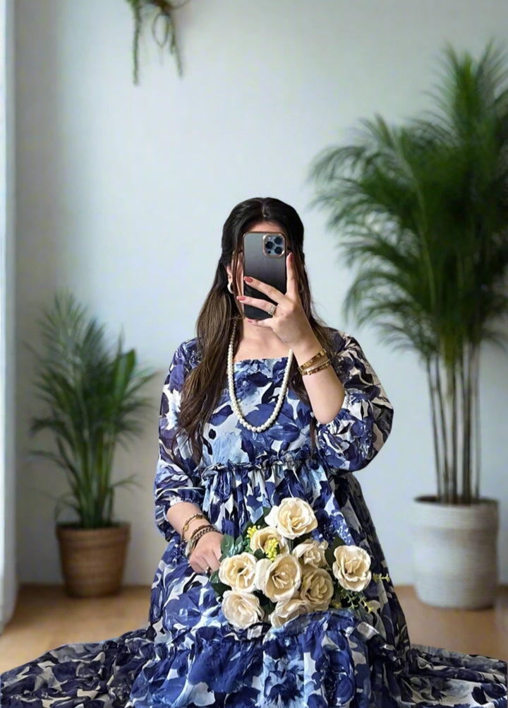 Mataish Women RTW Printed Chiffon Silk 1 Piece Suit Sapphire Petal Frock - Festive Collection
